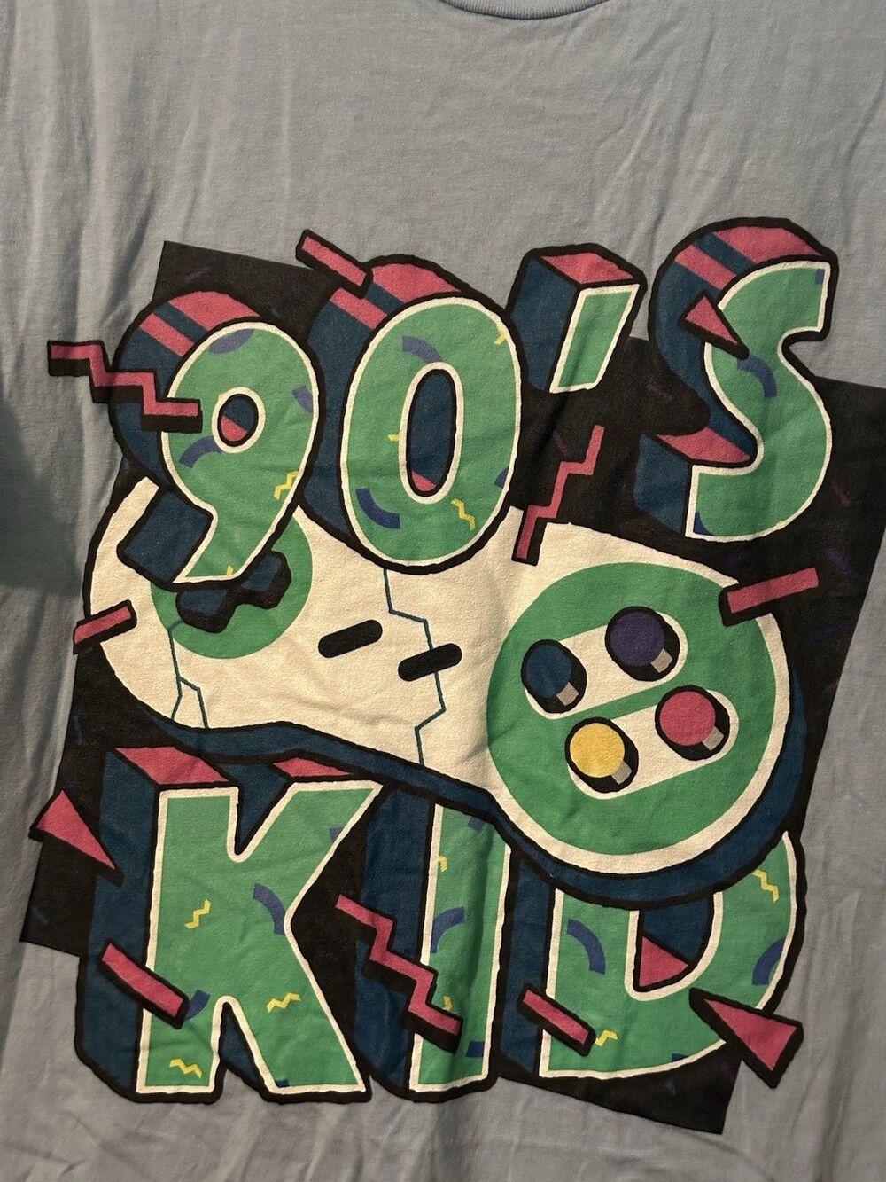 90's Kid XL Blue Graphic Print T Shirt Colorful Retro Design Comfort Soft